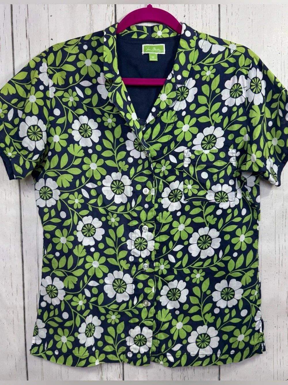 Vera Bradley Floral Button Front Shirt Top Green Blue Size M Preppy Coastal